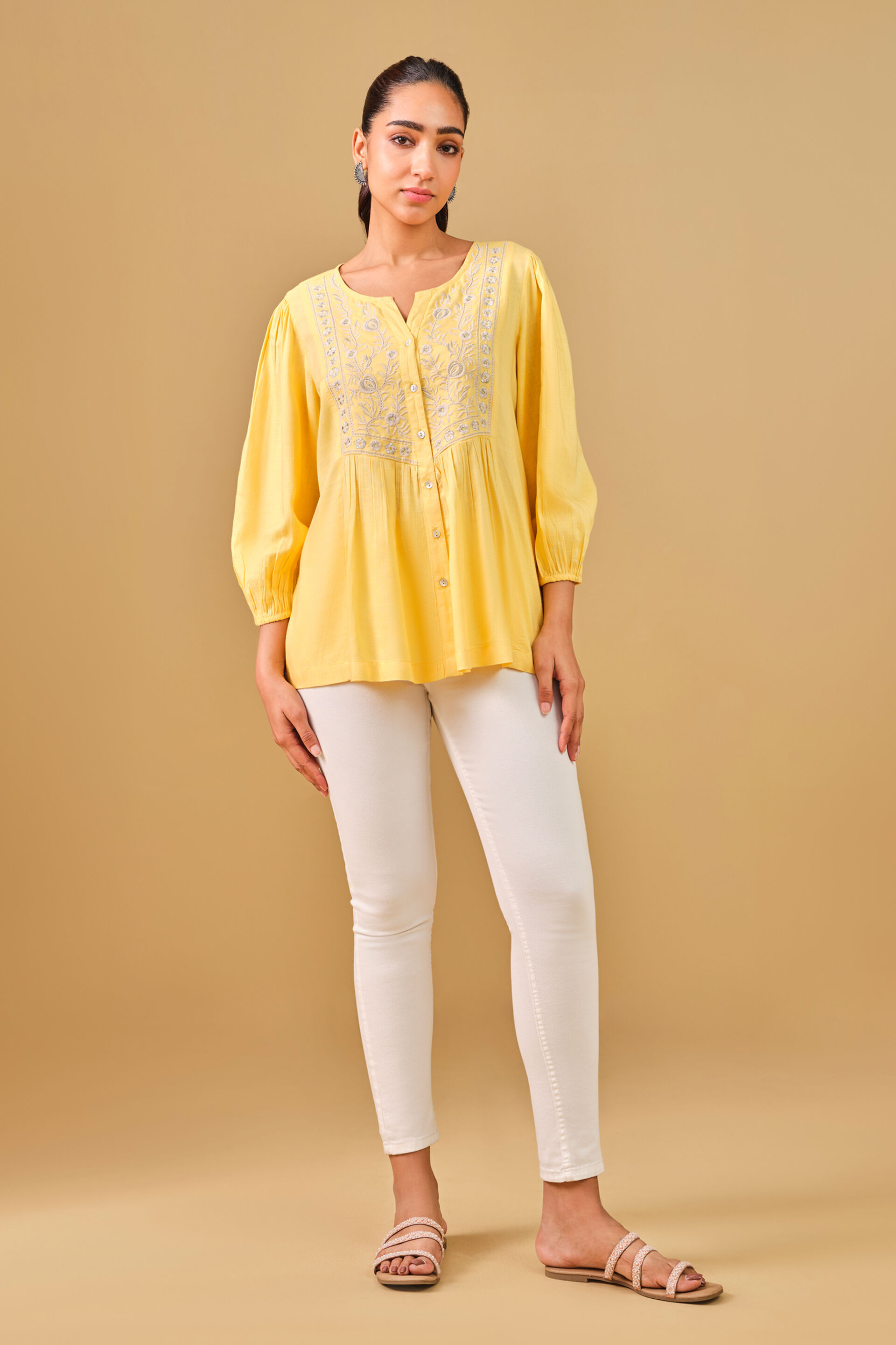 Embroidered Yellow Viscose Top, Yellow, image 3